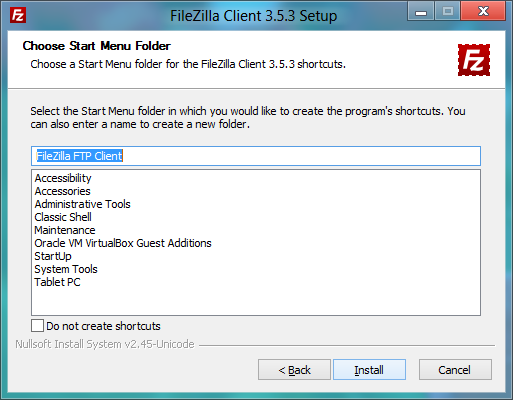 FileZilla installer: Setting Start Menu folder