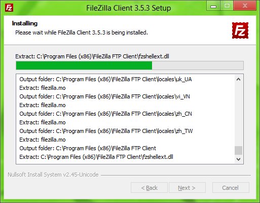 FileZilla installer: Setup progress, detailed