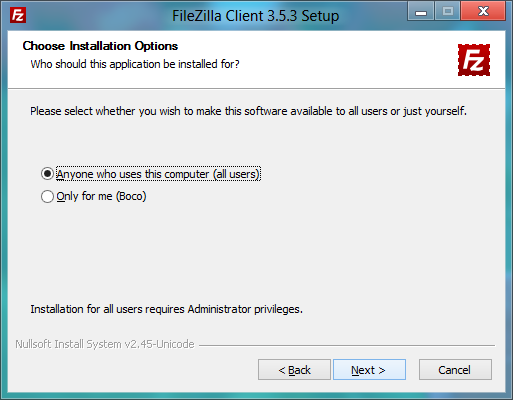 FileZilla installer: Installing for me or all