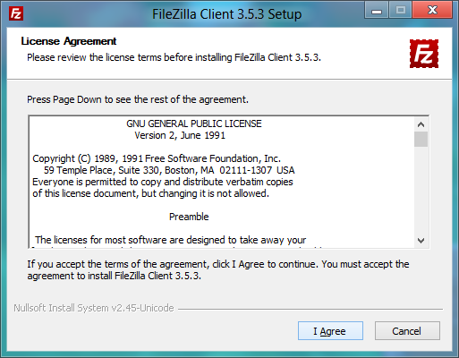 FileZilla installer: License agreement