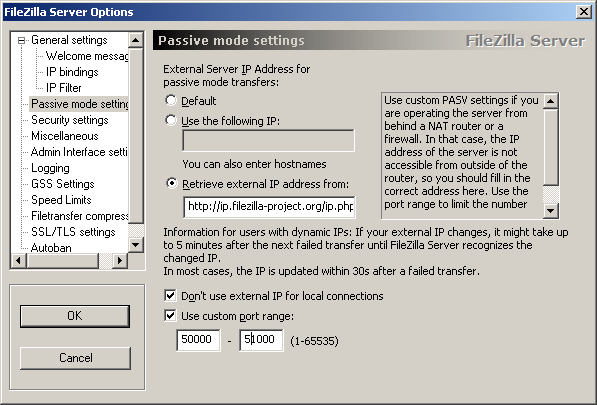 Screenshot of settings dialog of FileZilla Server showing configuration page for passive mode.