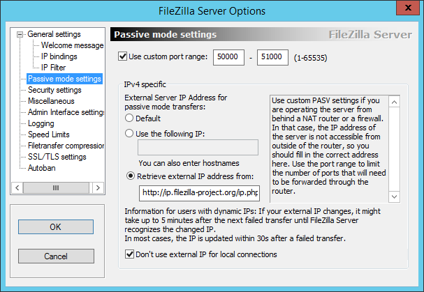 Screenshot of settings dialog of FileZilla Server showing configuration page for passive mode.