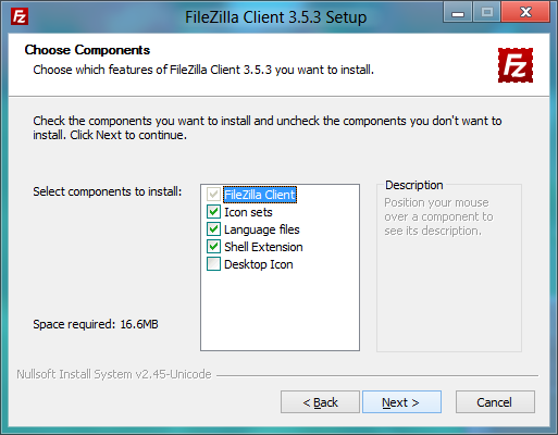 FileZilla installer: Choosing components