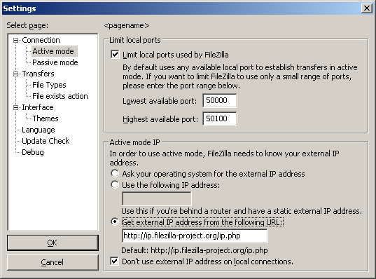 Screenshot of settings dialog of FileZilla 3 showing configuration page for active mode.